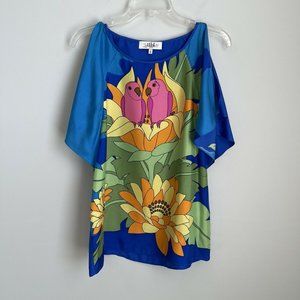 TIBI Blue 100% Silk Parrot Love Birds Cold Shoulder Blouse
